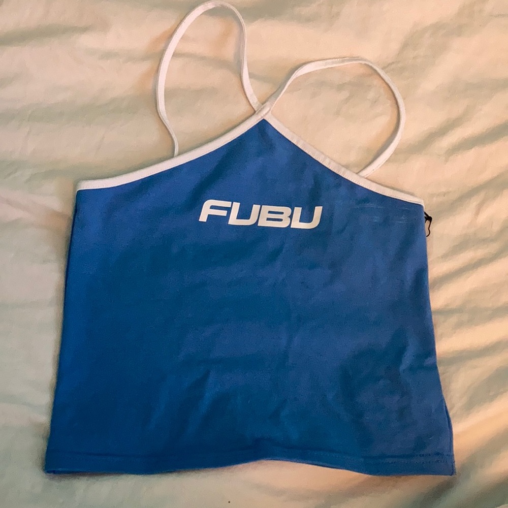 Fubu crop top blue vintage crop top cross neck asymmetrical size small halter